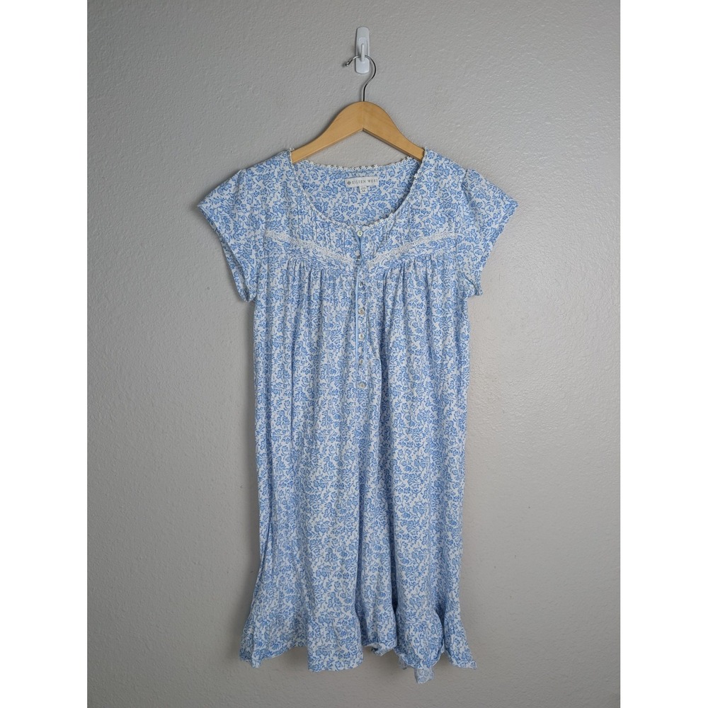 Eileen West Gown Womens M Blue Floral Chemise Button Ruffle Scoop Neck - Picture 2 of 7